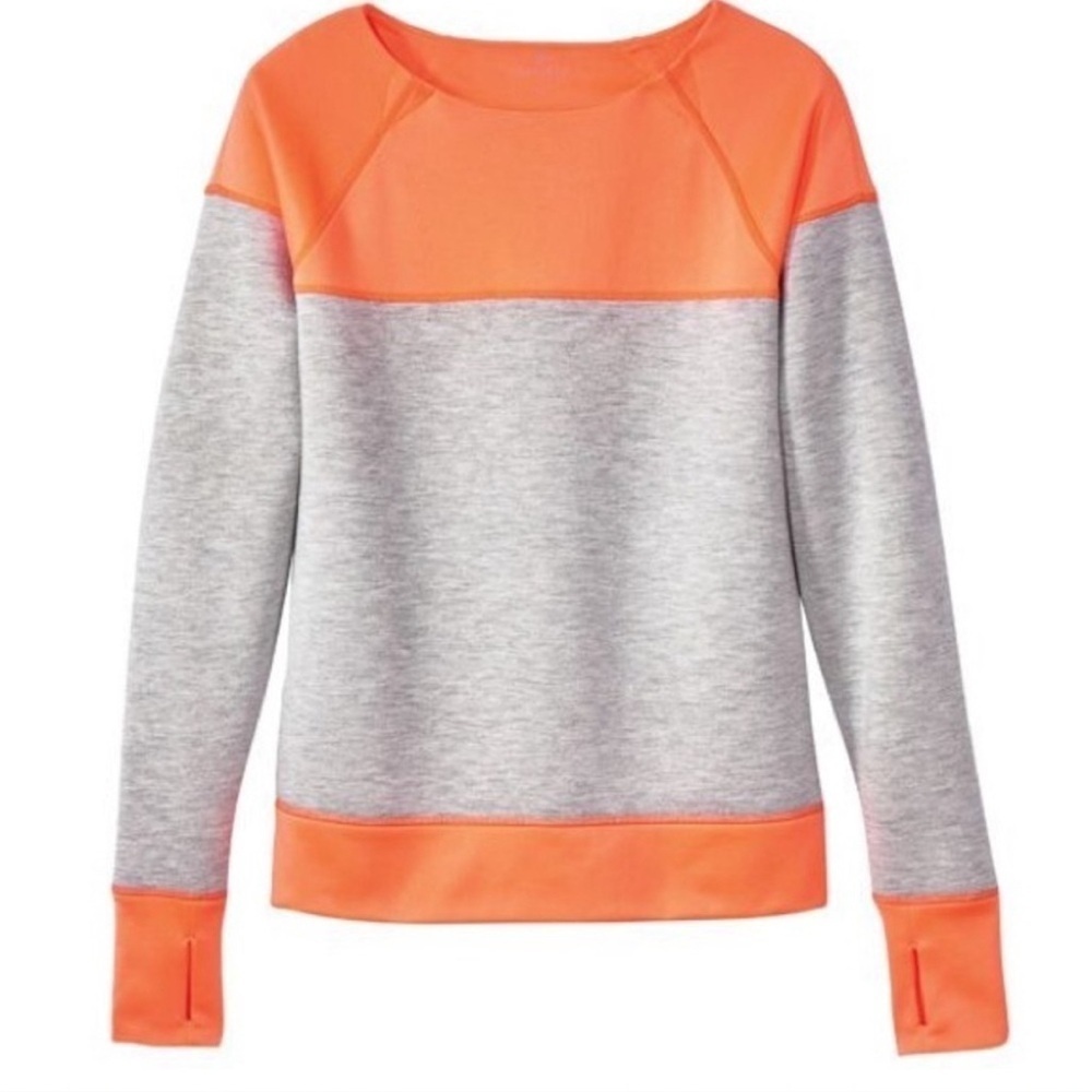 Athleta Heather Gray and Neon Orange Colorblock Pullover Sweatshirt